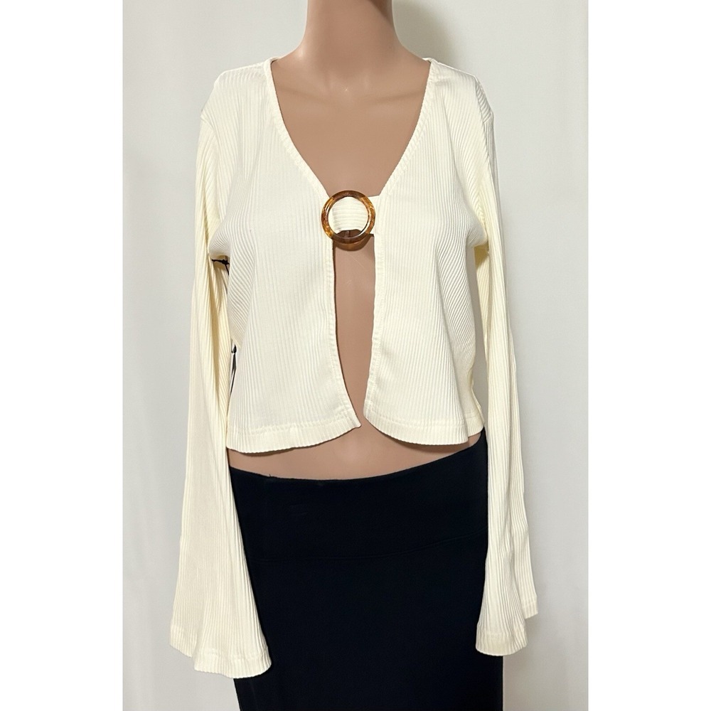 Callahan Revolve Knitwear Cardigan Womens L Open Front Crop Ring Bell Sleeve Top